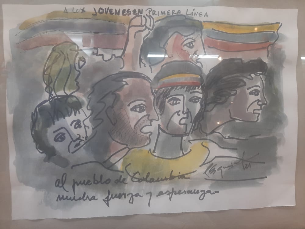 Dibujo en homenaje a las primeras líneas y juventudes que resisten en Colombia